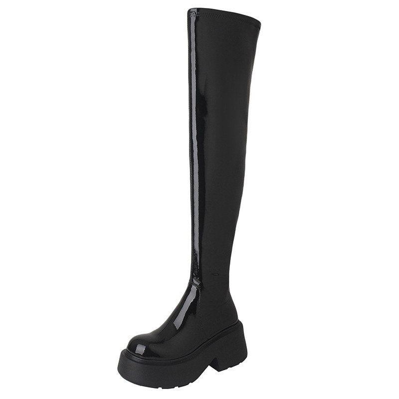 Boot nữ cổ cao ôm chân đế xuồng gót 9 cm — Lớp lót bằng da sáng chế màu đen