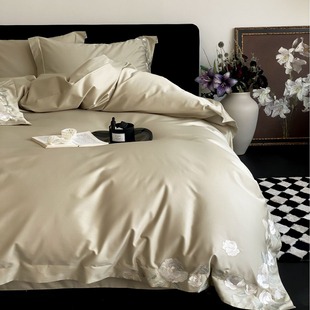 French Entry Luxury Four-piece Set Long-staple Cotton Simple Floral Embroidered Bed Sheet Quilt Cover Pure Cotton Double 1.8m Bedding