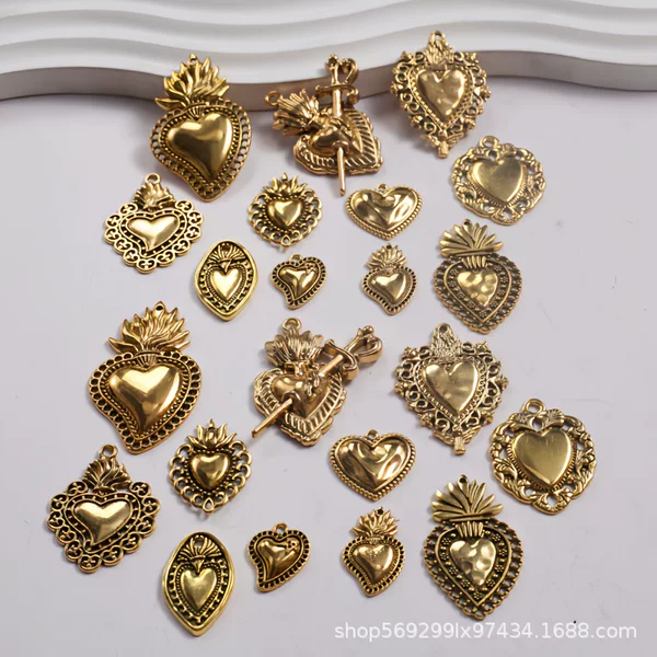 Cross-Border Vintage Antique Gold-Plated Sacred Heart Pendant with Hollow Lace Flame Heart Ornament DIY Necklace Earring Charm