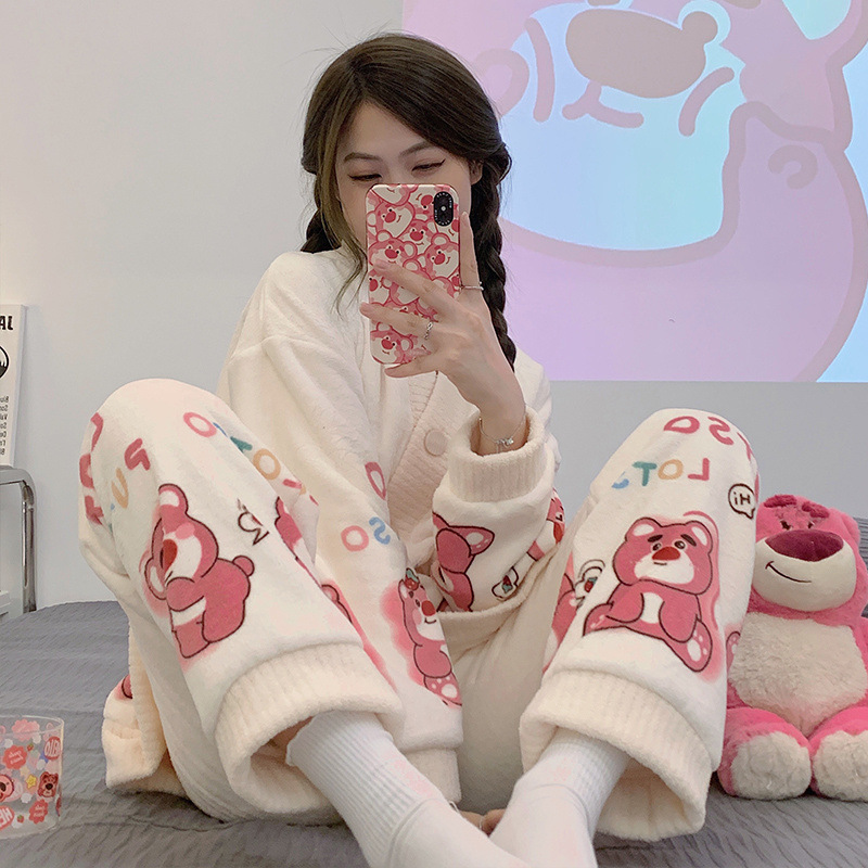 일본식 INS 산호 양털 파자마 여성의 겨울 긴팔 기모 두꺼운 따뜻한 플란넬 플러스 사이즈 가을과 겨울 홈 옷