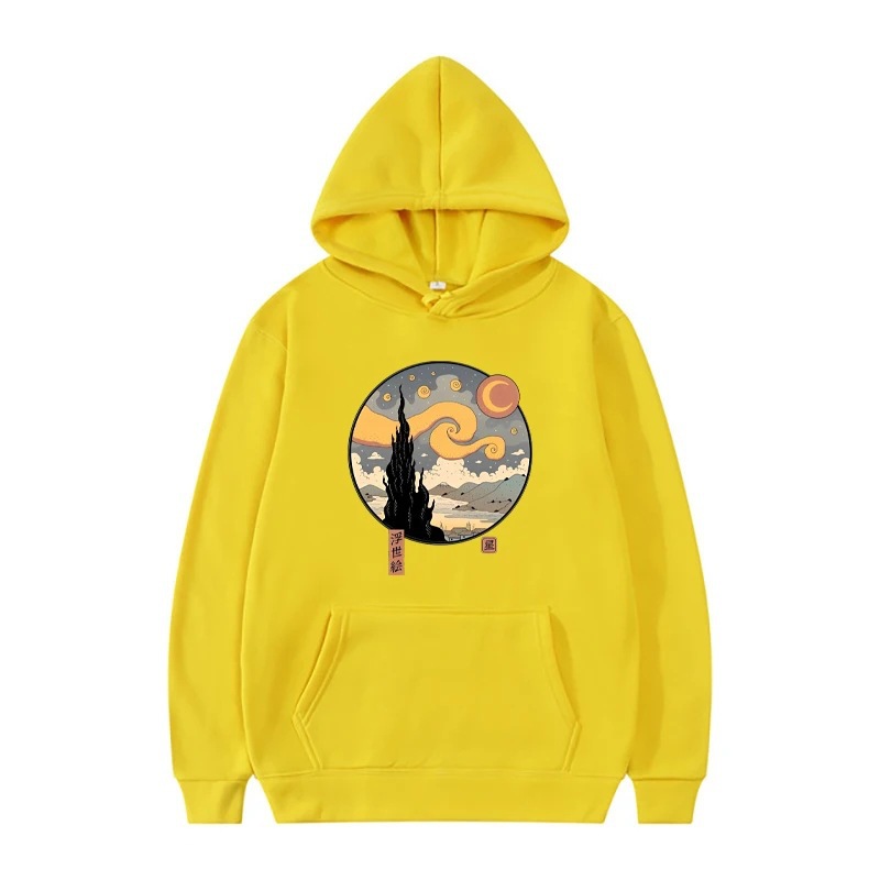 Starry Ukiyo-E Night Printed Hooded Sweatshirt Men's Autumn