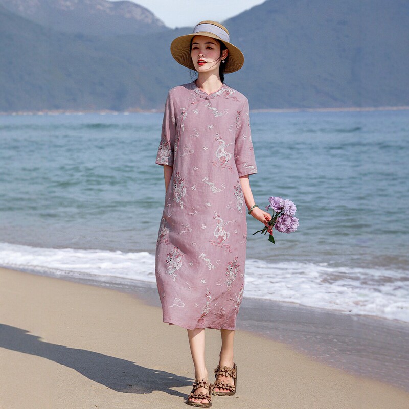 Original Chinese-Style Heavy Embroidery Ramie Improved Cheongsam Dress with Artistic Retro Toggle Button Stand Collar, New Summer Model