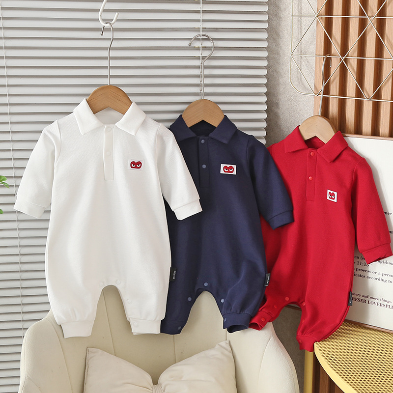 2025 Autumn New Baby Romper Japanese Style Heart Baby Turn-Down Collar Crawling Suit Solid Color Cotton Polo Shirt Long Crawling Suit