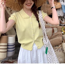 温柔风娃娃领短袖针织衫女装2025夏季新款韩系小个子气质甜美上衣