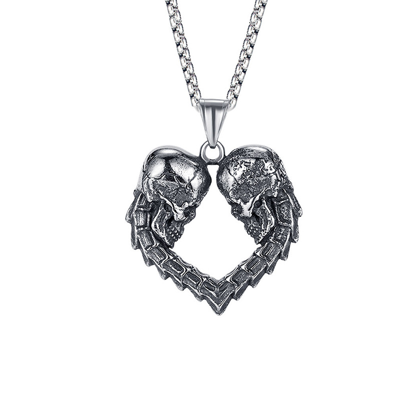 Nuova collana da uomo con doppio teschio in acciaio inossidabile e cuore, lunga e punk, stile hip hop_voghion.com
