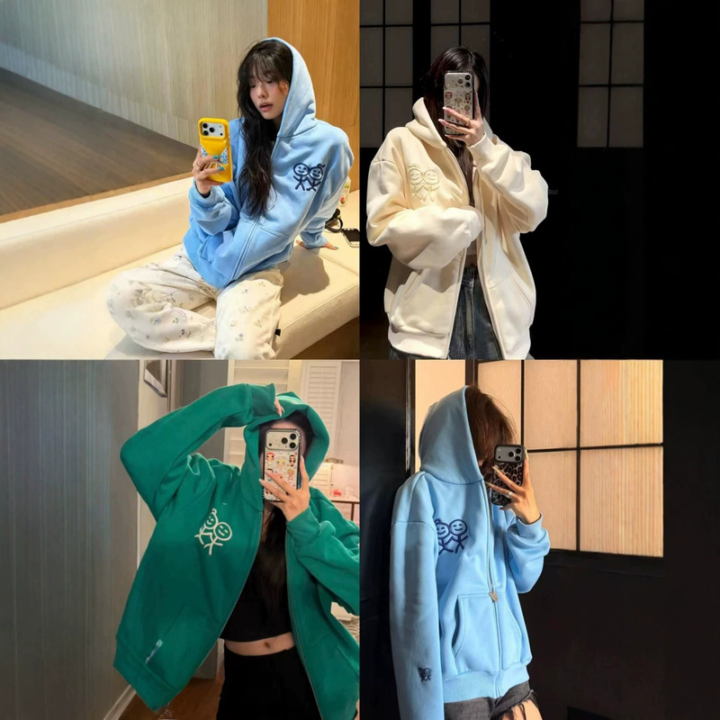 26FW Korean Jennie-style stickman embroidered logo hooded zip-up sweatshirt for women, can be lined with fleece