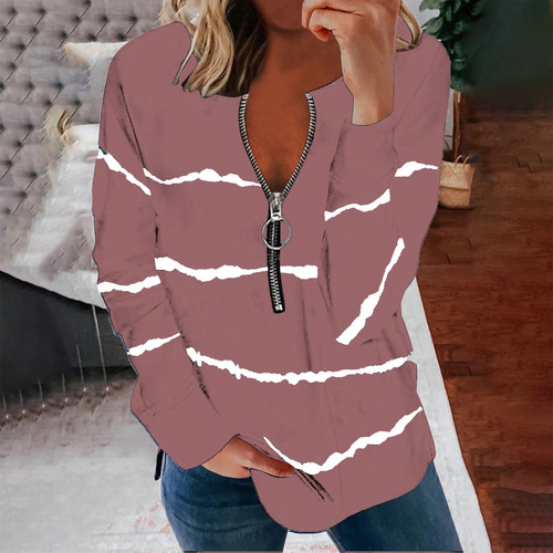 New casual comfortable stylish half-zip polo neck women's top with 3D striped print WF5
