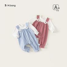 邦选婴童秋装假两件背带裤格纹花边新生儿衣服宝宝连体衣女童爬服