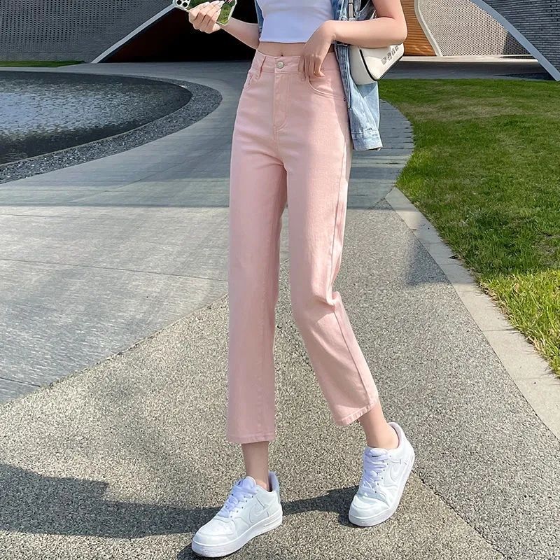 Cross-border Pink Straight Jeans for Women, Loose High-waisted 2024 New Slimming Look Narrow Version Nine-point Cigarette Pants Cross-border Pink Straight Jeans for Women, Loose High-waisted 2024 New Slimming Look Narrow Version Nine-point Cigarette Pants