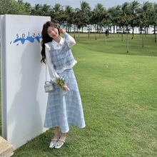 蓝色格子小香风套装裙女春秋新款感超火网红两件套