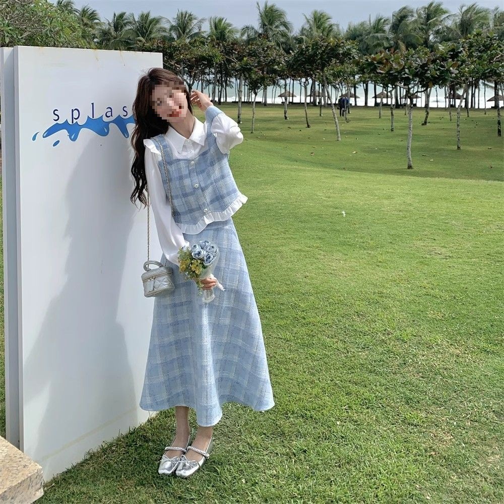 蓝色格子小香风套装裙女春秋新款感超火网红两件套