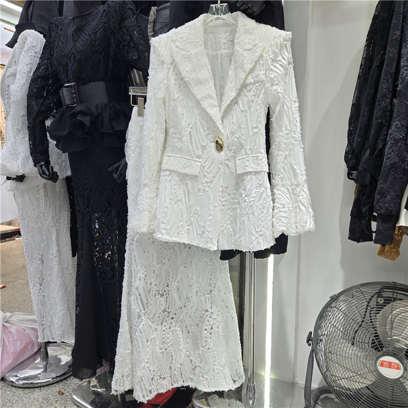 Trendy Street-Style Niche Design Right-Angle Shoulder Fringe Slim-Fit Blazer + Elastic Waist Skirt Women's Suit Set