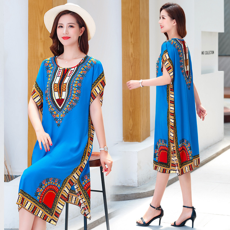 Summer Cotton Silk Dress Midi Bat Sleeve Loose Large Size Beach Dress Women's Belly Covering Slimming Dress for Mother