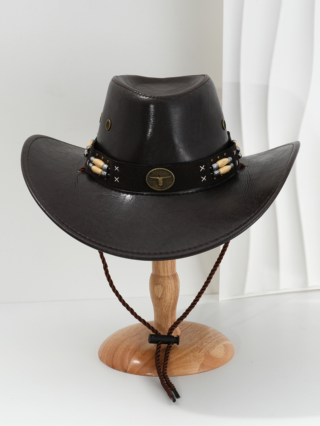 Retro Western Cowboy Hat For Men Pu Leather With Metal Beading_voghion.com