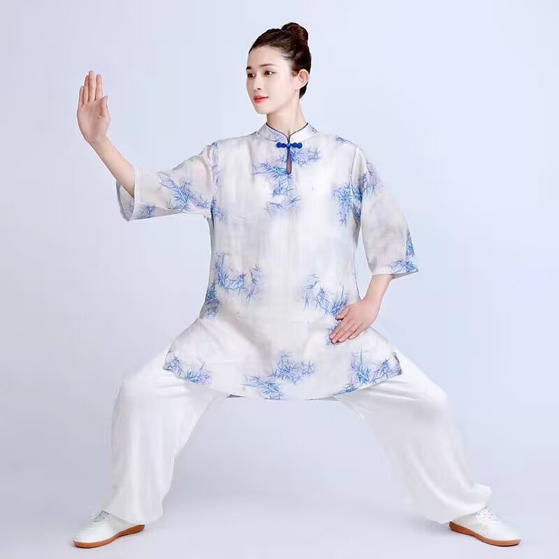ハイエンド改良された新しい女性用ミッドスリーブ太極拳スーツ夏綿とリネンの薄い半袖ラミー太極拳練習スーツ中国風|undefined