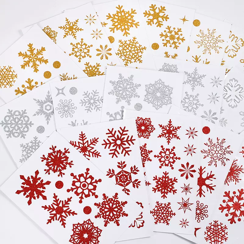 钜建跨境洒金红银粉雪花静电贴纸圣诞新年橱窗玻璃门装饰节日贴画