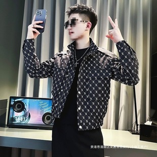 Letter Print Casual Men's Jacket Trendy Spring and Autumn Korean Style Stand Collar Slim Versatile Padded Top Men's Coat