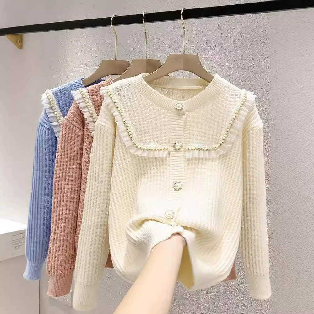 Белый вязаный кардиган топ женский осень зима 2024 новый темперамент бисер нежный ветер мягкий клейкий женский свитер куртка