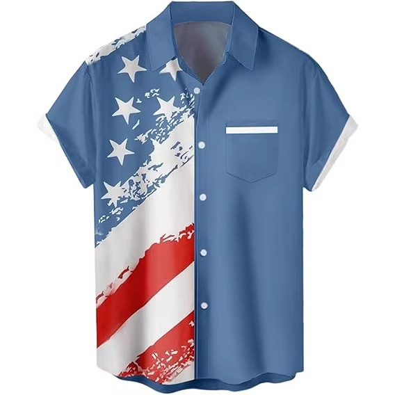 2026 Cross-Border Exclusive Supply of American Flag Short-Sleeved Shirts for Men, Star and Stripe Flag Printed Casual Shirts, Patriotic Style Short-Sleeved Shirts