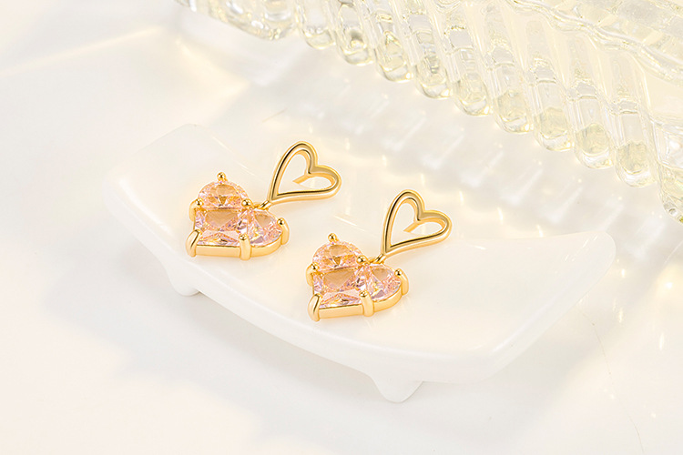 Sweet Heart Shape Copper Gold Plated Zircon Drop Earrings 1 Pair