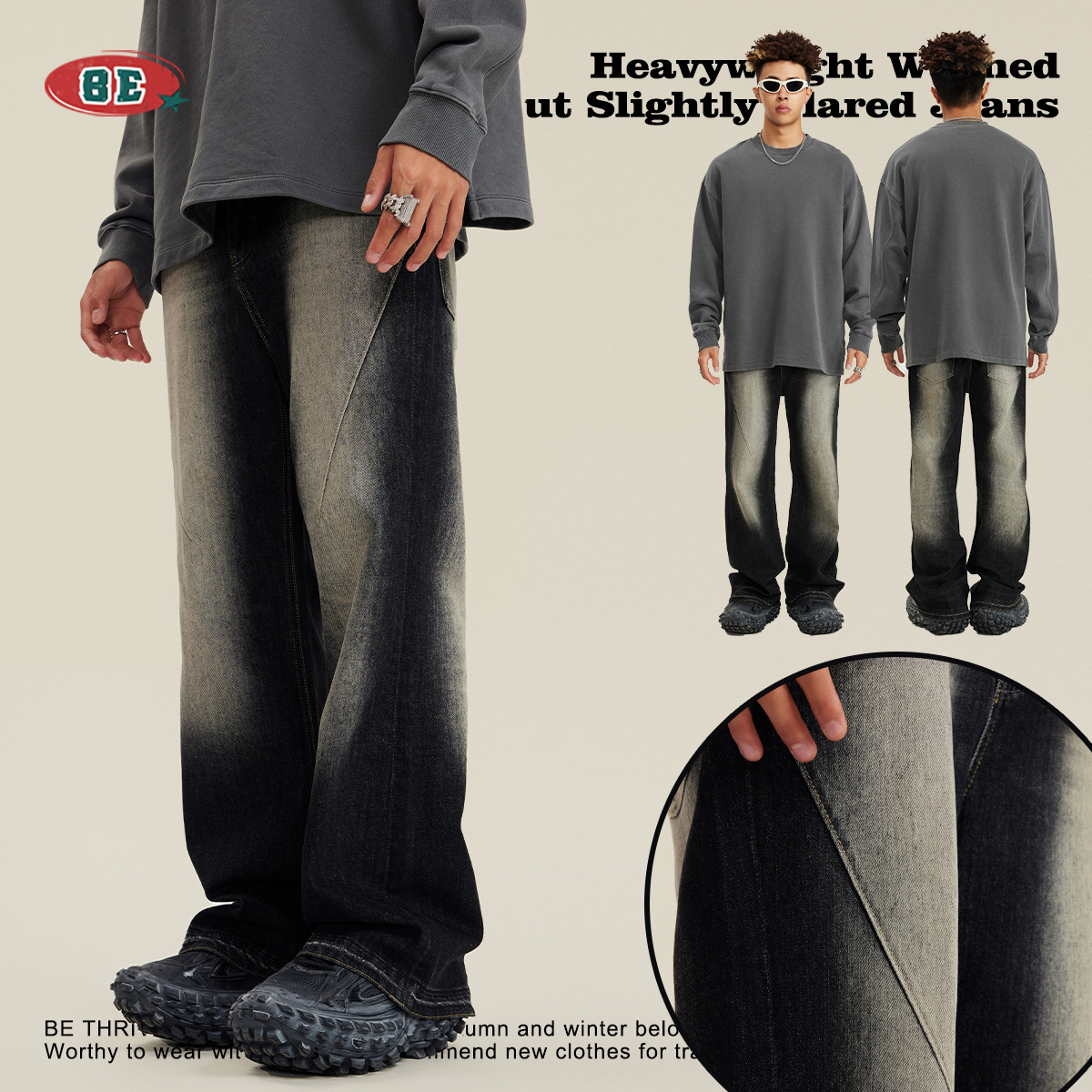 BE ropa de hombre | 2025 primavera estilo americano de moda suelta lavado de marca destrucción vibe estilo micro-corte jeans pantalones hombres de moda