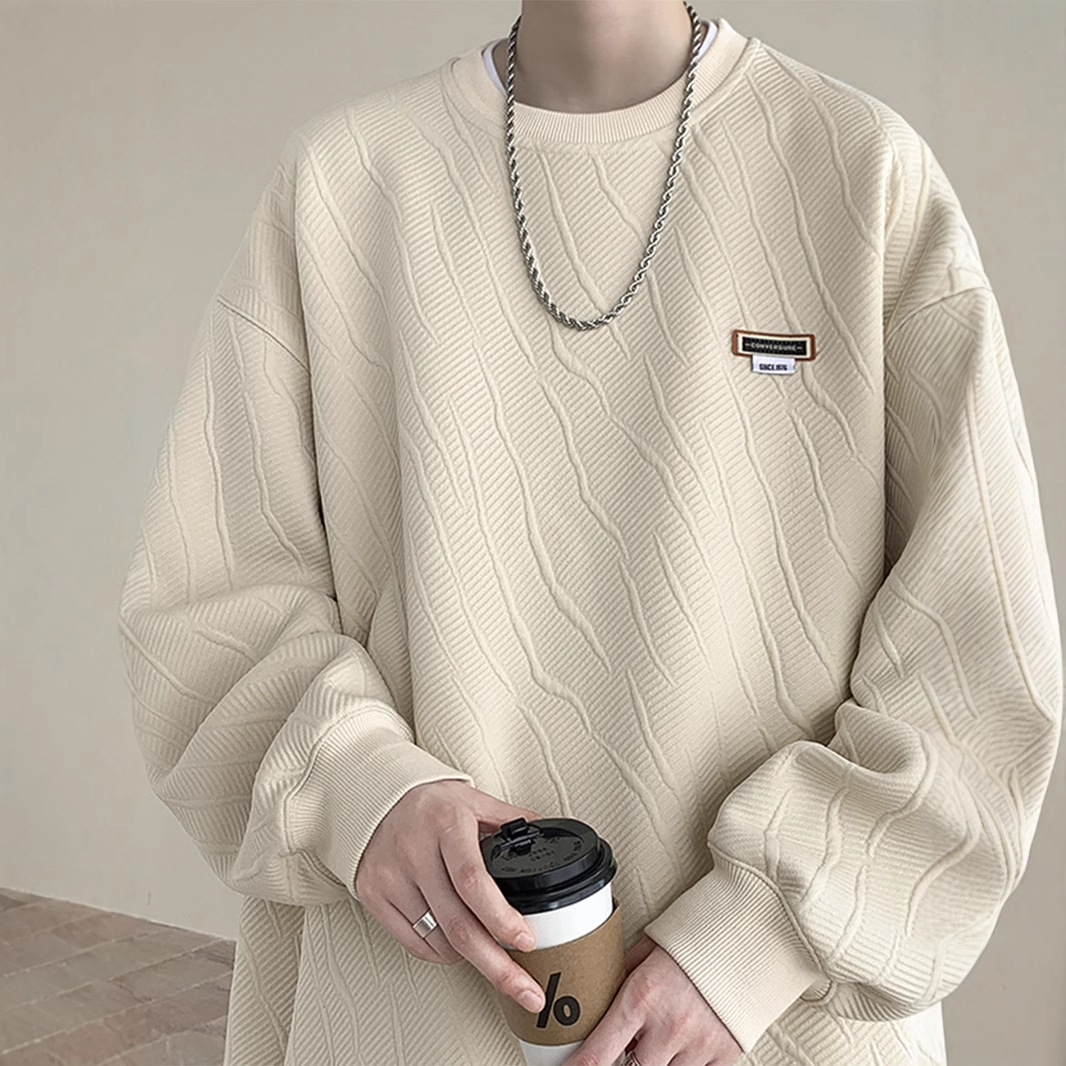 Textura suéter de cuello redondo los hombres Primavera y Otoño 2023 nueva marca moda ropa suelta pesada con capucha manga larga top