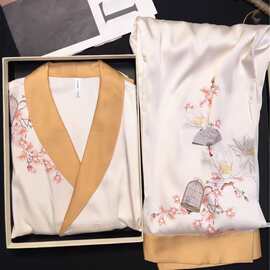 鸟语花香新中式睡衣女春夏季水光绸缎面冰丝套装家居服母亲节送礼