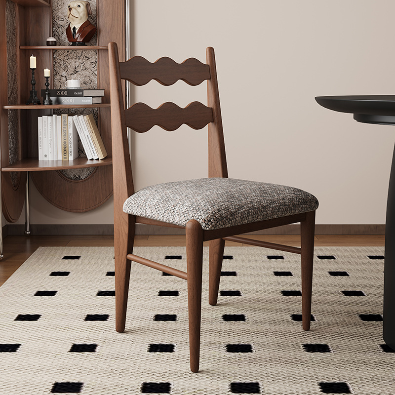 Silla de comedor de madera maciza retro francesa, hogar, restaurante medieval, silla trasera de tela de algodón y lino, mesa y silla de comedor de cuero de microfibra para hotel