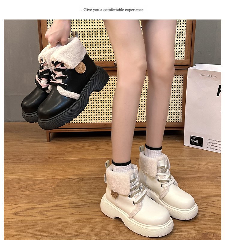 Women's Plush Leather Ankle Boots Academy Style Thick Sole Shoes_voghion.com