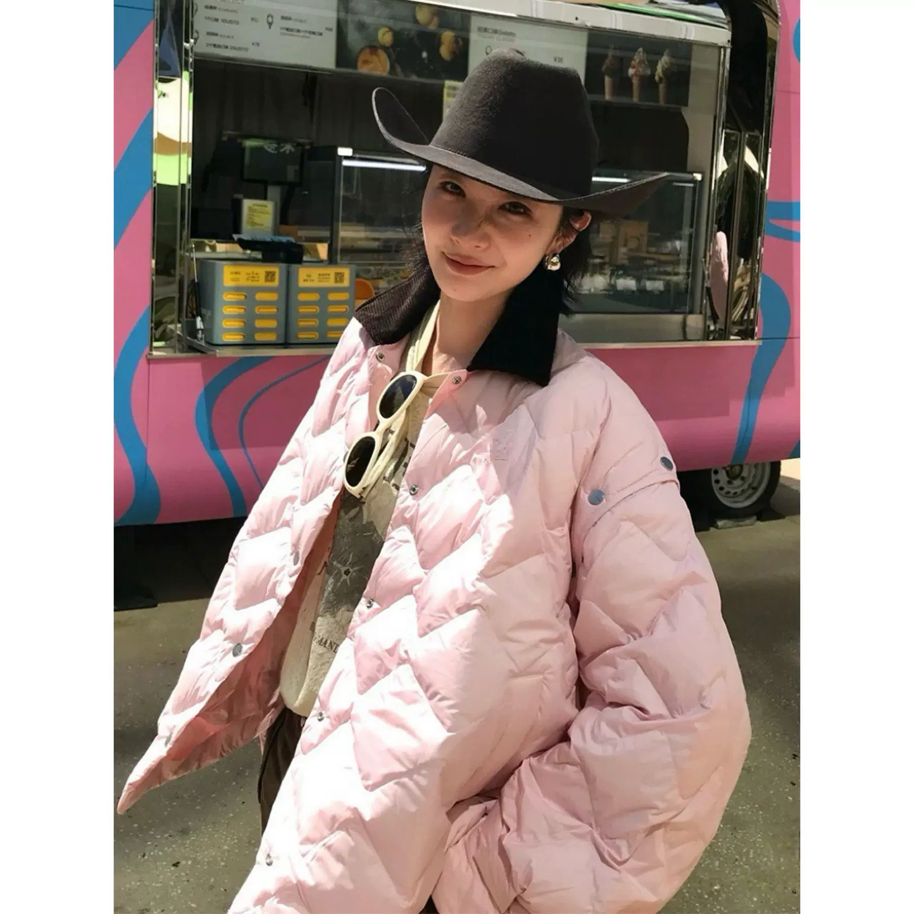 【清仓不退不换】四媛 撞色翻领袖子可拆卸菱格绗缝宽松羽绒服保