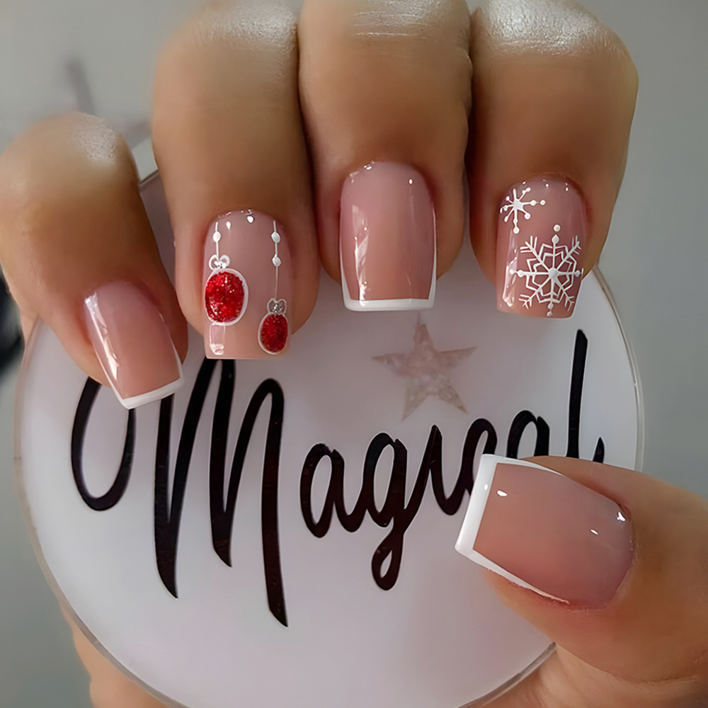 Color desnudo fondo francés blanco vestido con uñas rojas brillantes bola de vacaciones atmósfera de uñas románticas transfronterizas parches de uñas image 1