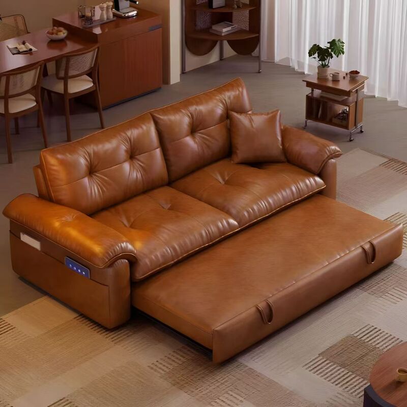 Retro Oil Wax Leather Sofa Bed Folding Dual-Use Small Apartment Retractable Mid-Century Style Pull-Out Bed Living Room 2025 New Model