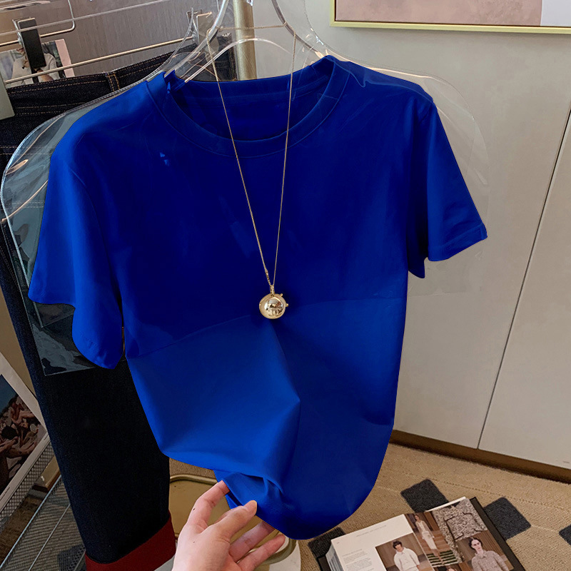 2025 New Summer Klein Blue Right Shoulder Short-Sleeved T-Shirt Women's Cotton Pure Color Versatile Age-Reducing Whitening Top 2025 New Summer Klein Blue Right Shoulder Short-Sleeved T-Shirt Women's Cotton Pure Color Versatile Age-Reducing Whitening Top