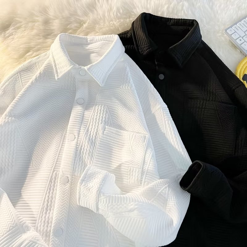 2024 Autumn and Winter Jacquard Long Sleeve Shirt Men's Japanese Style Retro Hong Kong Style Casual Trendy Brand Design Waffkle Shirt