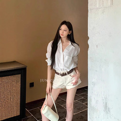 女性用長袖シャツ、オールドマネースタイル、秋のゆったりとした女性用シャツ、長袖トップス、カジュアルで多用途なストレートショーツスーツ