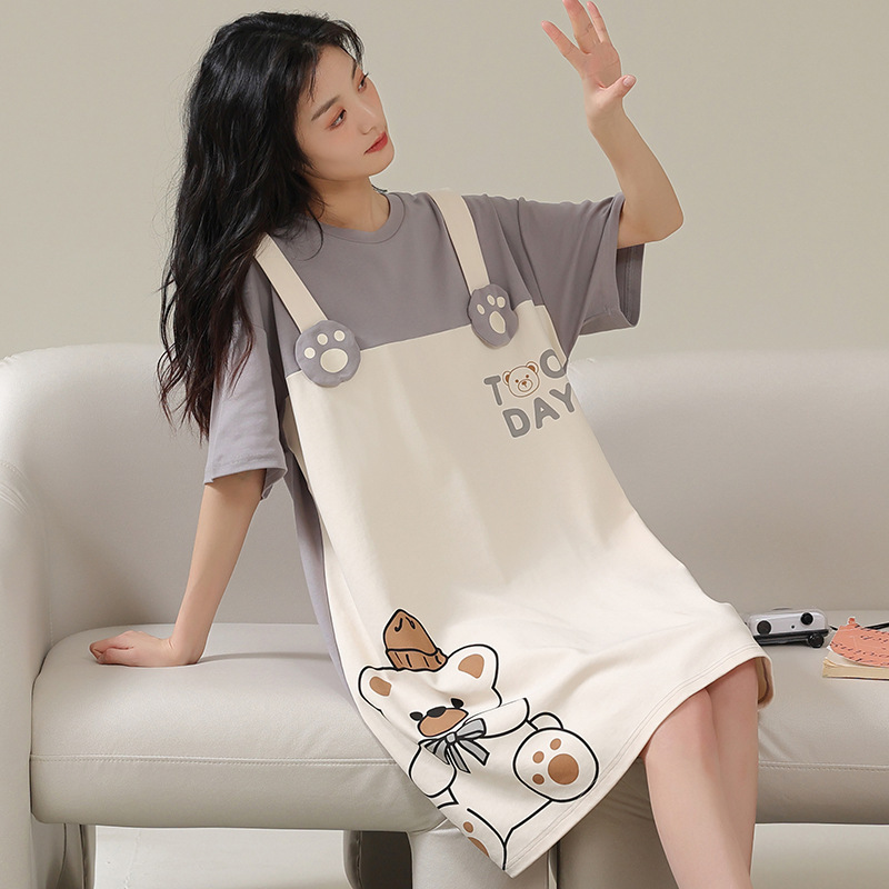 Cute Nightdress Summer Women's Cotton Mid-length 2025 New Short-sleeved Cool Bear Pregnant Women's Summer Pajamas Cute Nightdress Summer Women's Cotton Mid-length 2025 New Short-sleeved Cool Bear Pregnant Women's Summer Pajamas