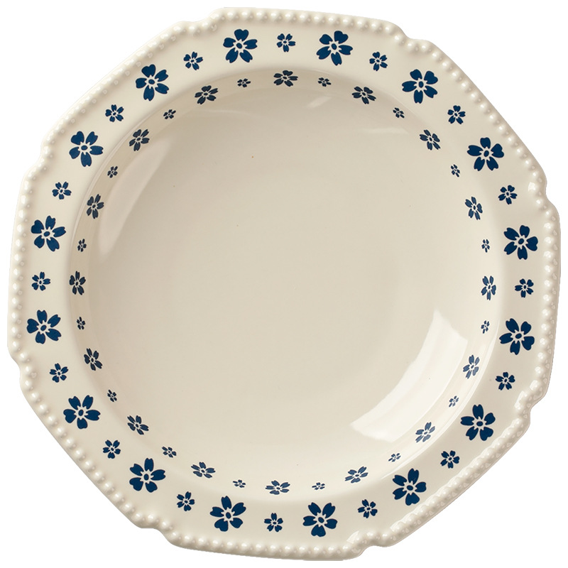 Retro puntos de perlas azules de cerezo cerámica cubiertos pequeños frescos hogares de alto valor de la cara platos de platos de nicho set platos