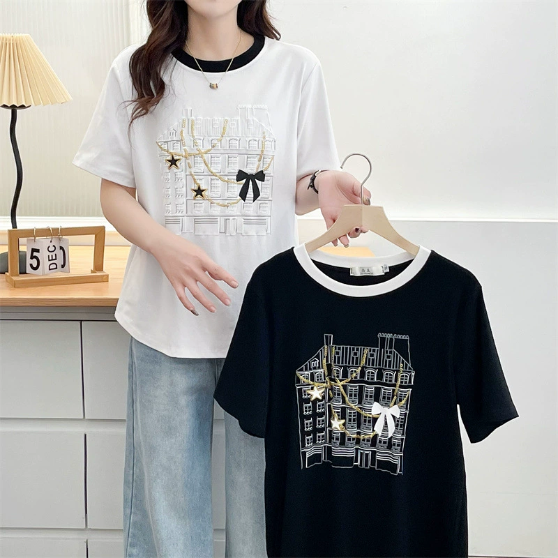 Модная футболка с коротким рукавом, полноразмерная, круглый ворот, стиль Chanel
