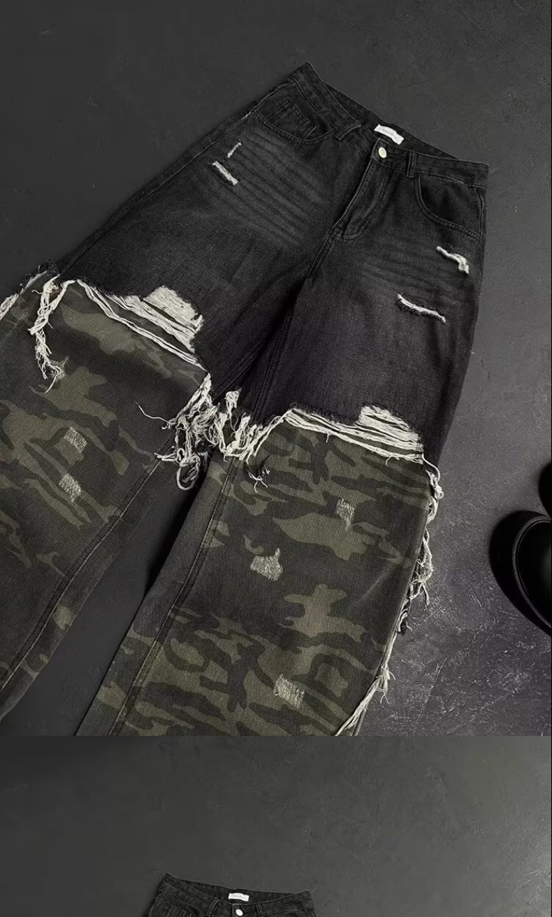 Men's Baggy Ripped Jeans Camouflage Patchwork Distressed Denim_voghion.com