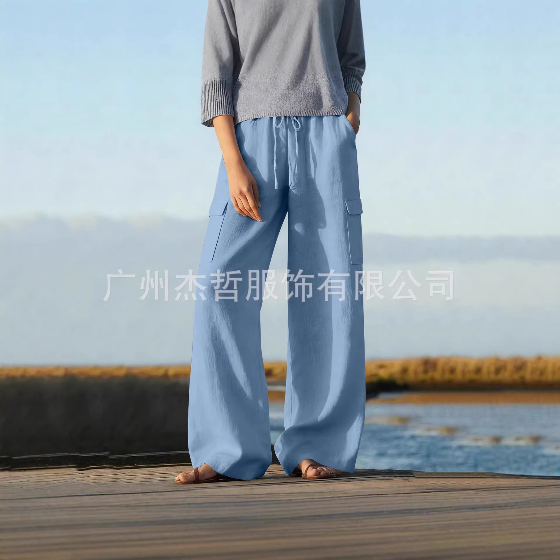 2026欧美跨境亚马逊女士春夏纯色松紧腰棉麻休闲工装直筒长裤