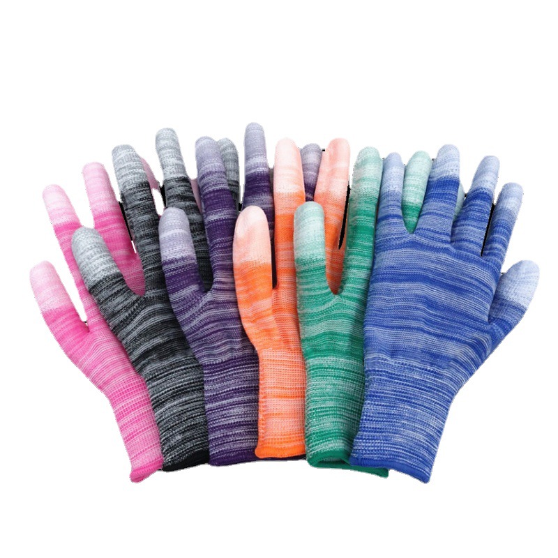 厂家供应条纹PU涂指涂层手套耐磨无尘防静电车间防护采摘劳保手套