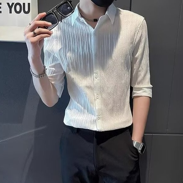 여름 스트라이프 셔츠 트렌디한 디자인 자카드 셔츠 2025 새로운 트렌디 브랜드 Handsome 슬림핏 남성 탑