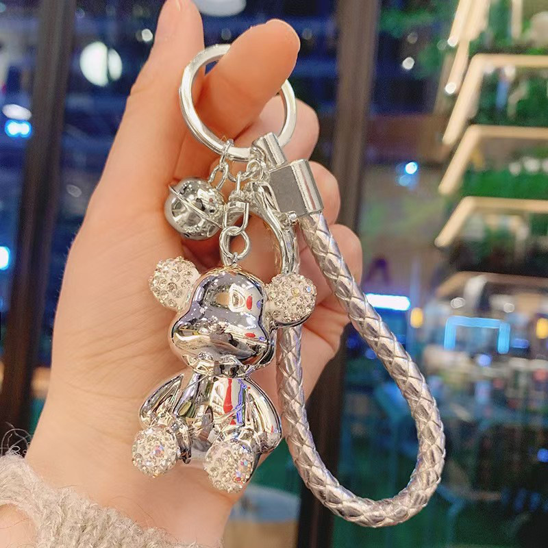 可爱镶钻小熊钥匙挂件暴力熊汽车钥匙链防丢钥匙挂坠皮绳小铃铛女|undefined