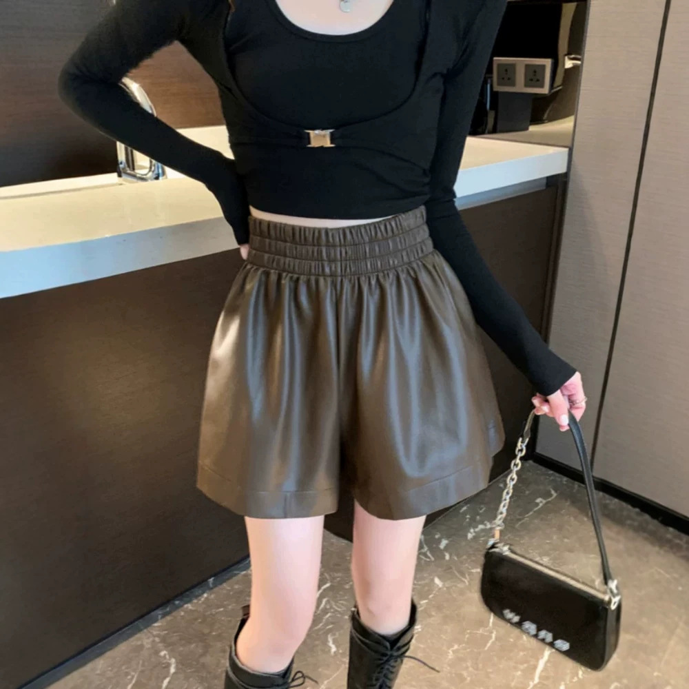 PU皮阔腿短裤女秋冬新款大码胖mm皮裤休闲A字小个子外穿宽松短裤