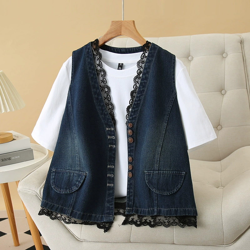 2025 весна и лето большой размер джинсовый жилет женский кружевной кардиган с V-образным вырезом