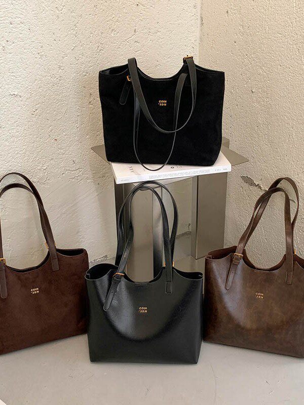 Túi tote nữ cỡ lớn phong cách retro, đựng nhiều đồ, có quai đeo vai và kẹp nách — Màu cà phê PU, PU đen, màu cà phê, đen