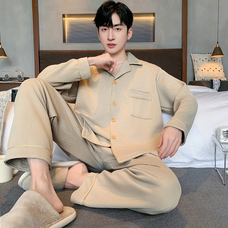 Pijama de algodón de aire para hombres primavera y otoño invierno intercalado de manga larga de algodón para jóvenes engrosados Cardigan conjunto de ropa para el hogar