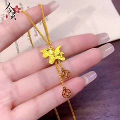 古法沙金碎冰冰独角小马吊坠项链轻奢精致钱币流苏马上有钱锁骨链