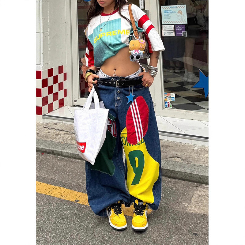 美式复古撞色印花弯刀牛仔裤女早秋新款街头街舞裤子宽松阔腿长裤|undefined