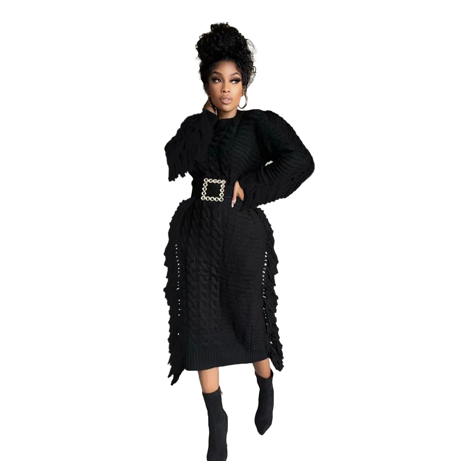 Robe pull femme avec franges longues en maille pour l'hiver_voghion.com